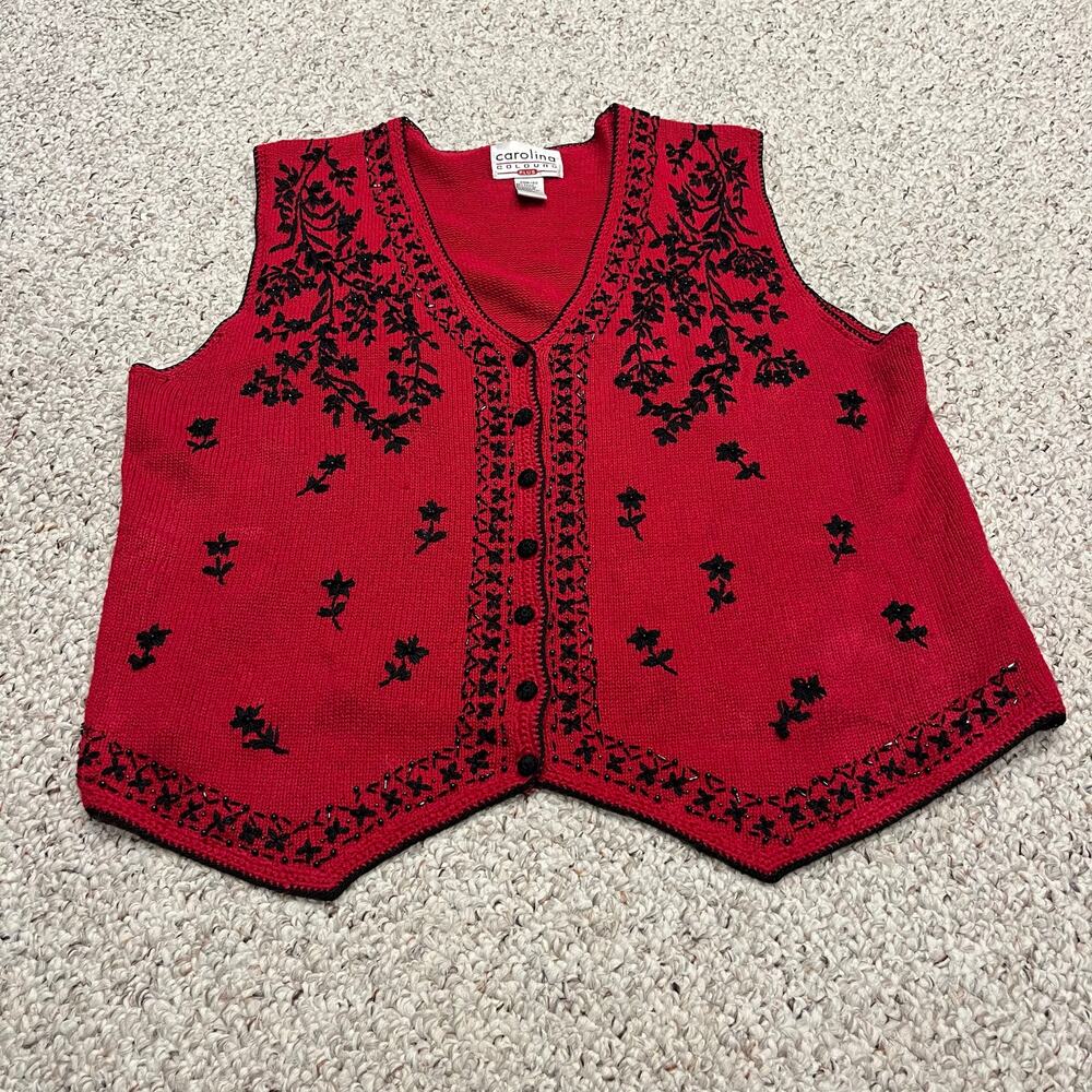 Carolina Colours Vintage Sweater Vest Sz 20W Red Embroidered Black Beaded